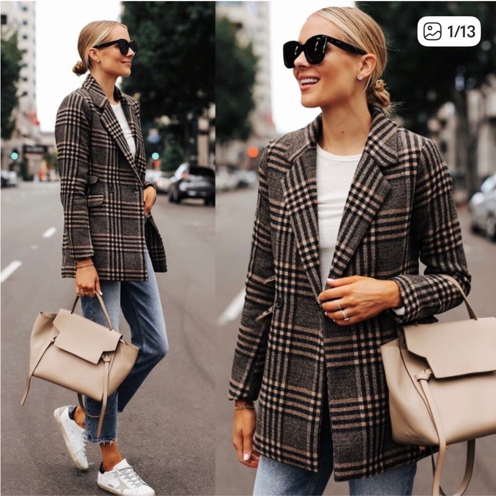 Abercrombie & Fitch Wool Blend Plaid Double Breasted Car Coat Jacket Blazer XS